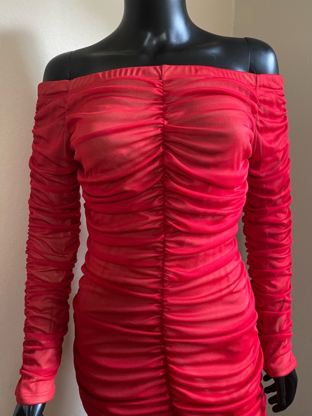 Va Va Voom Red Ruched Mesh Midi Dress - Picture 4 of 13